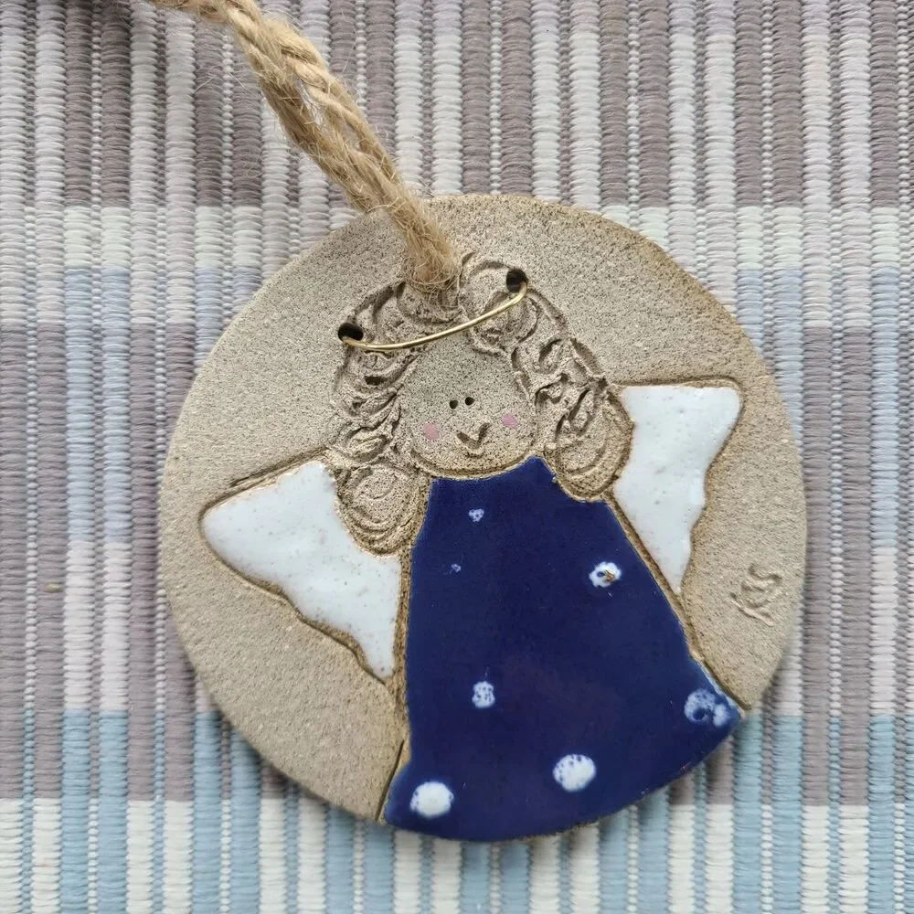 Vintage Handmade Sandcast Clay Enamel Angel Ornament Round Disc Wire Halo Wings